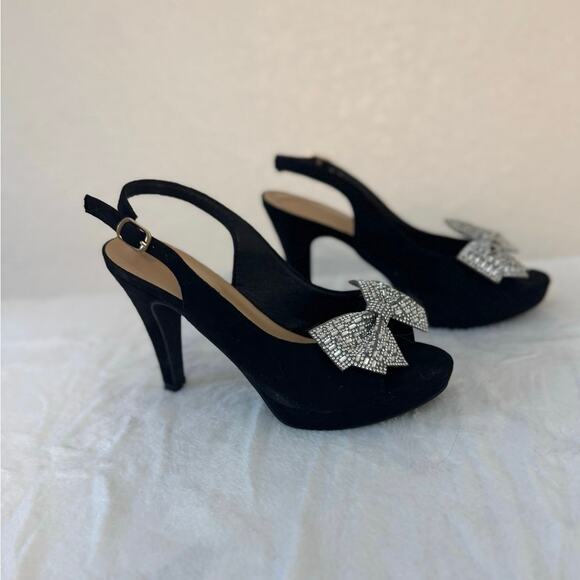 Boutique Faux Suede Slingback Heels Rhinestone Bow - Picture 1 of 5